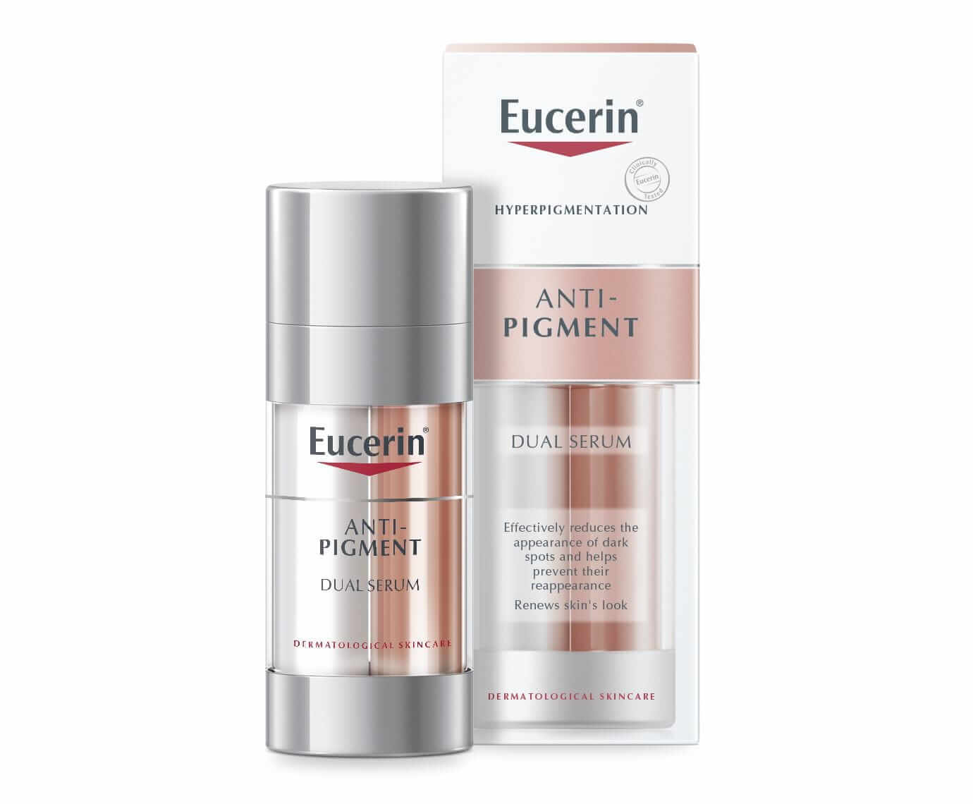 Eucerin Anti Pigment Serum Dual Serum 30 ml *(แพ็คเกจฝรั่งเศส) จะใช้ชื่อ Anti - Pigment Dual Serum แต่คือสูตรเดียวกันกับ Ultrawhite+Spotless ของไทย